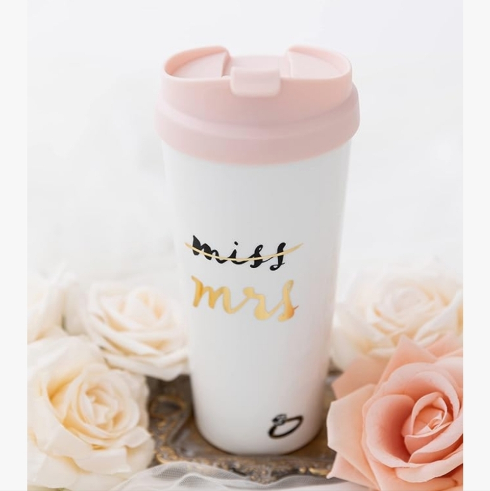 Kate Spade Bridal 16 Oz. White and Pink Travel Mug with Gold Accents Miss To Mrs